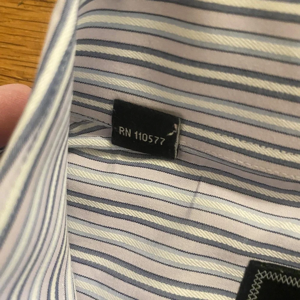 David Donahue Shirt Mens Large Blue White Pink Stripe Trim Fit Dress Monogrammed - Picture 4 of 12